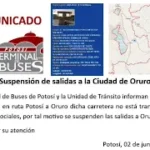 Terminal de Buses de Potosí confirma suspensión de viajes a Oruro y Cochabamba por bloqueos