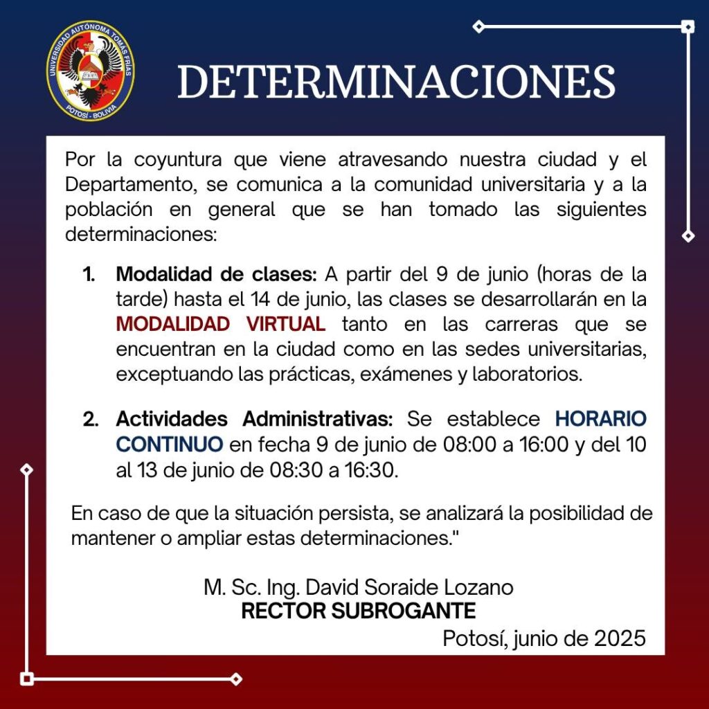 Universidad Autónoma Tomás Frías de Potosí Anuncia Clases Virtuales Temporales